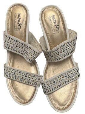 Coach and Four Gold and Beige Embellished Double-Strap Slide Sandals; Ivory 8.5M